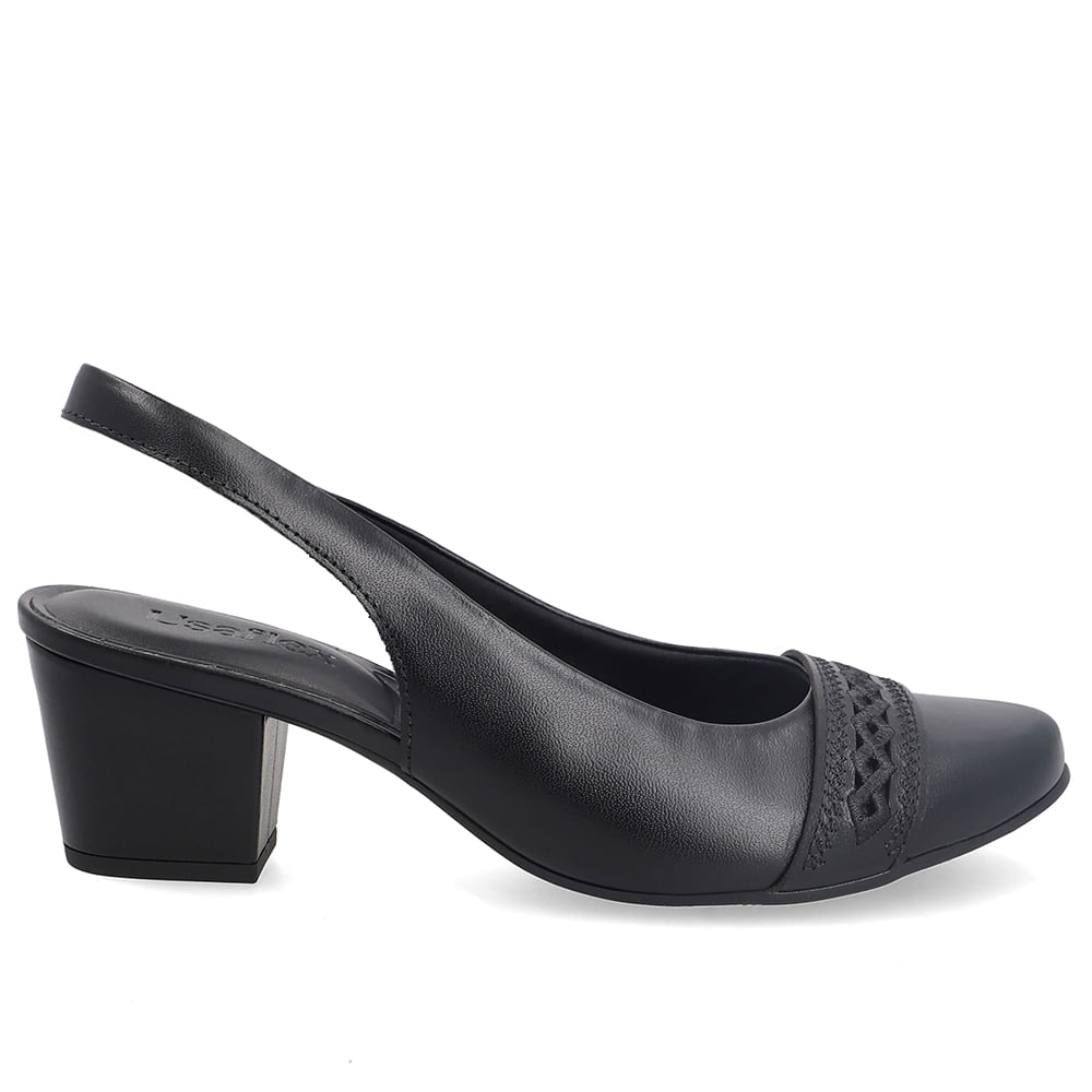 Slingback Em Couro Preto Com Salto Bloco E Detalhe Bordado