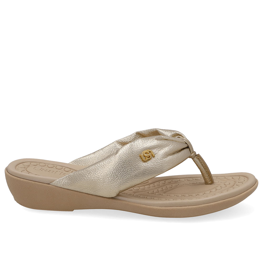 Chinelo Em Couro Dourado Com Tira Larga